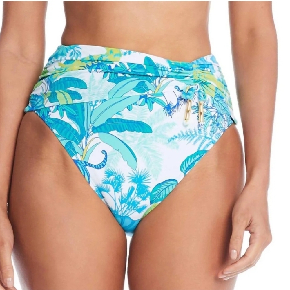 Bleu Rod Beattie High Waist Sarong Bikini Bottom: Blue/Green Tropical: Size- 12